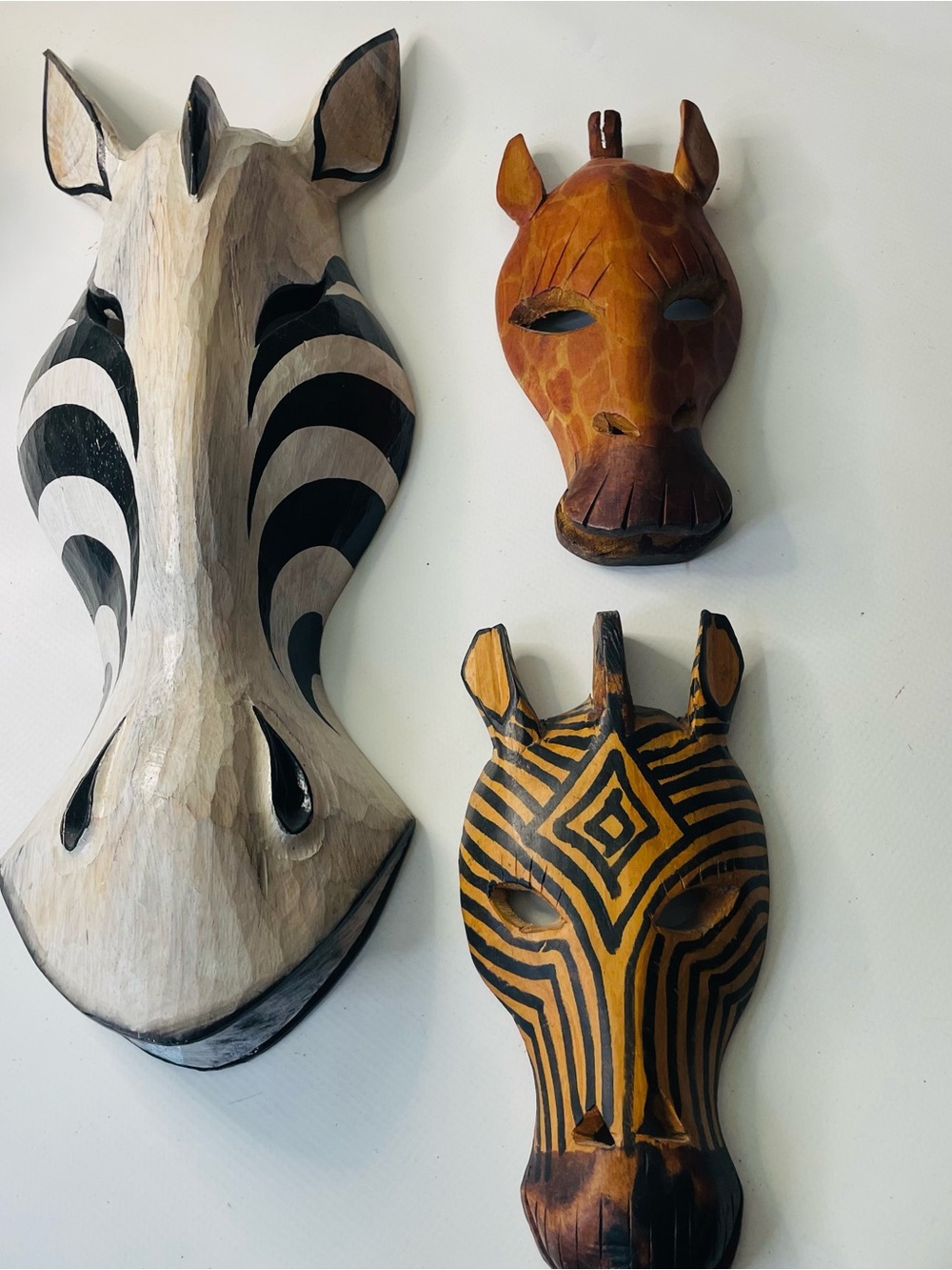 Hand-Carved Animal Wall Mask Set - Black, White & Orange Accents Hand Made Kenya